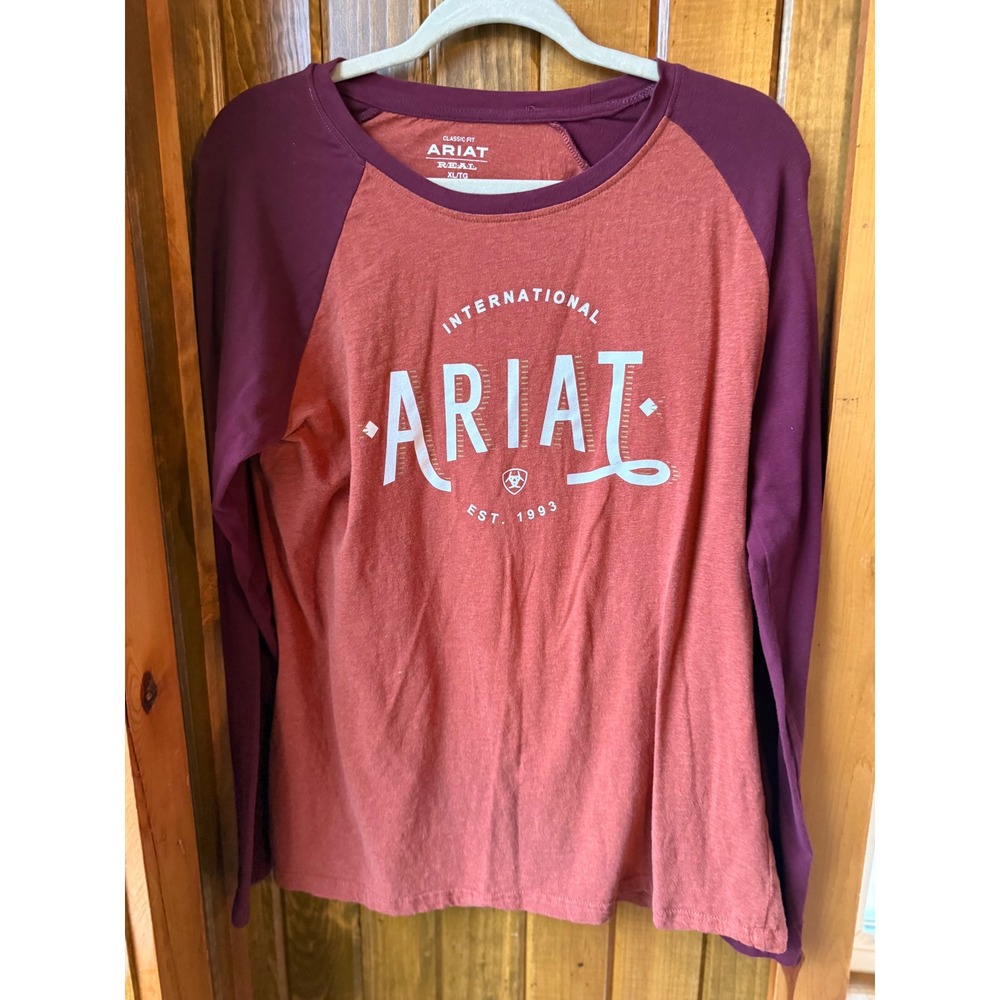 Ariat  Long Sleeve Baseball Tee‎ size XL  Burgundy Raglan Graphic Shirt